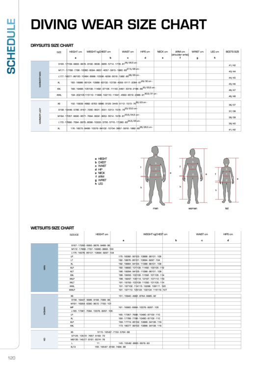 Schedule Diving Wear Size Chart Printable pdf