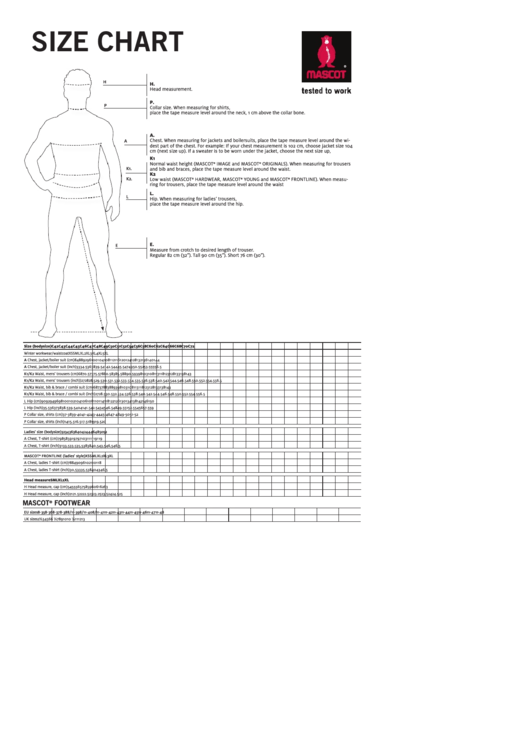 Mascot Clothing Size Chart Printable pdf