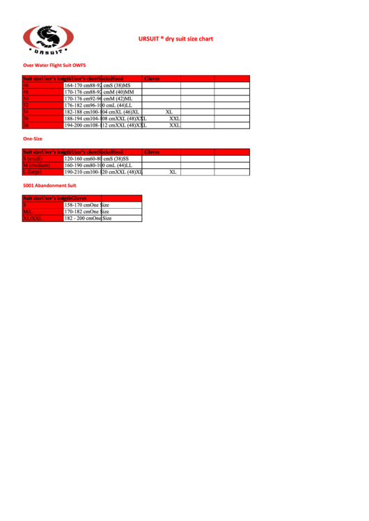 Ursuit Dry Suit Size Chart printable pdf download