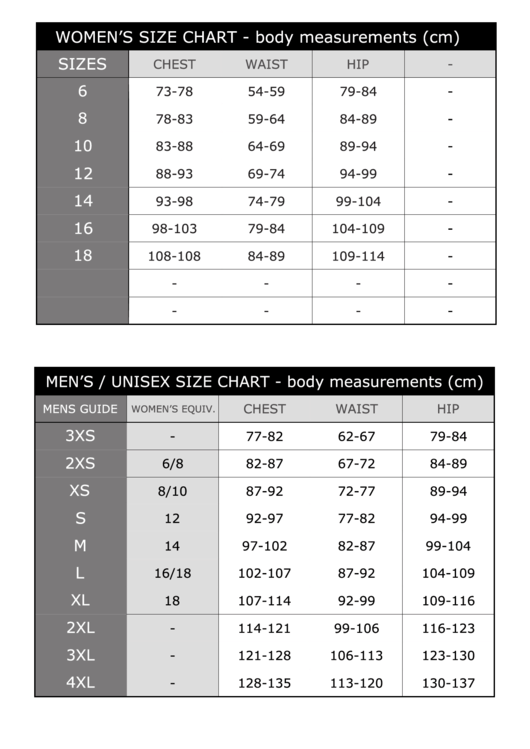 Size Chart - Body Measurements (Cm) Printable pdf