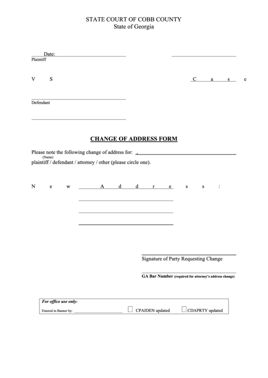Change Of Address Form - Cobb County Printable pdf