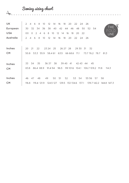 Sewing Sizing Chart Printable Pdf Download