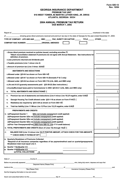 2004 Annual Premium Tax Return Printable pdf