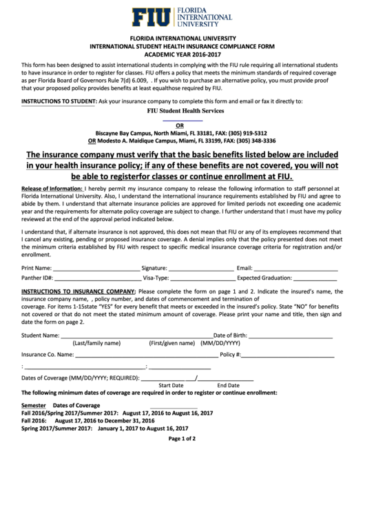 Fillable Florida International University International Student Health Insurance Compliance Form Printable pdf