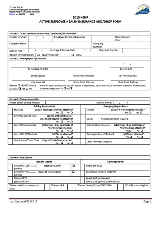 2015 Kehp Active Employee Health Insurance Add-Drop Form Printable pdf