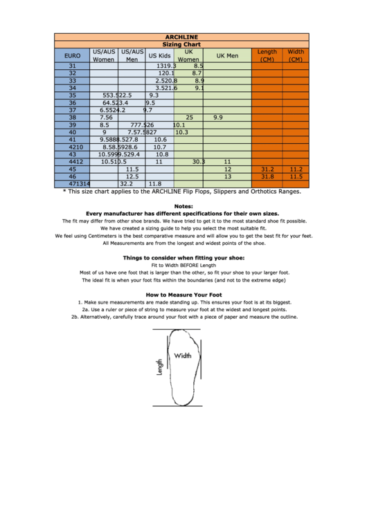 Archline Shoe Sizing Chart Printable pdf