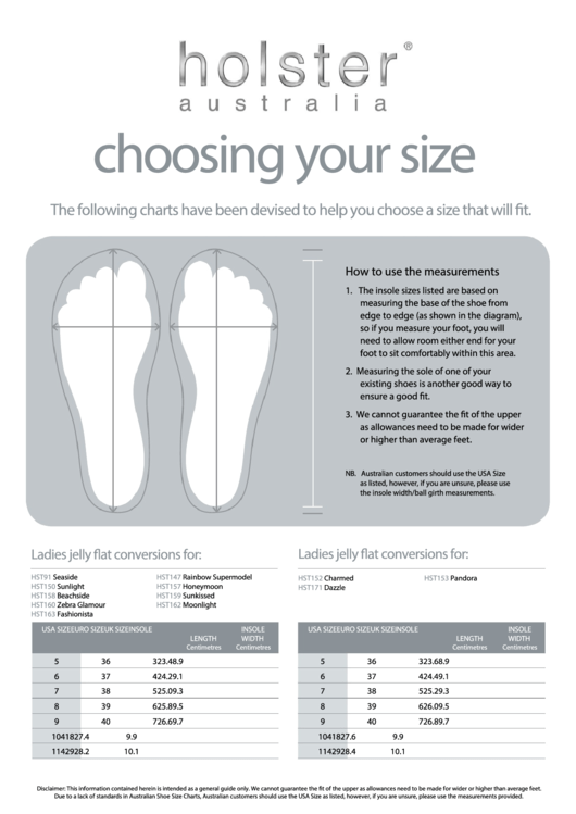 Holster Shoe Size Chart Printable pdf