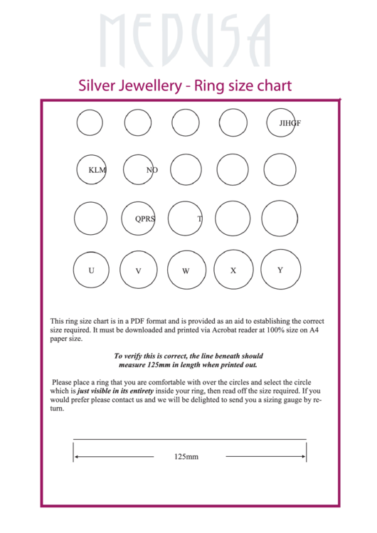 Medusa Silver Jewellery Ring Size Chart Printable pdf