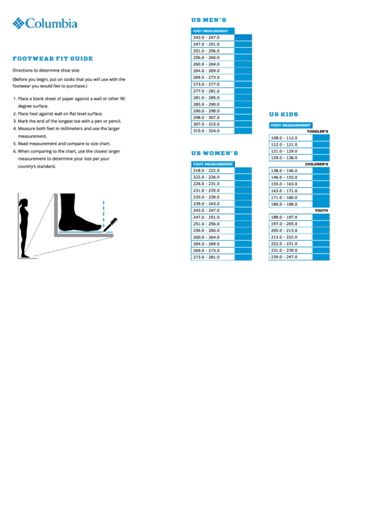 Columbia Footwear Fit Guide & Size Chart Printable pdf