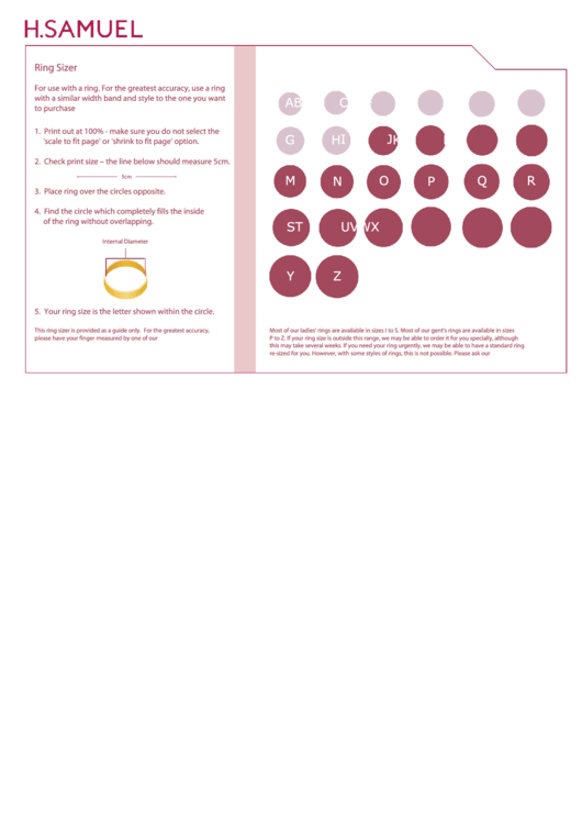 H. Samuel Ring Sizer Chart Printable pdf
