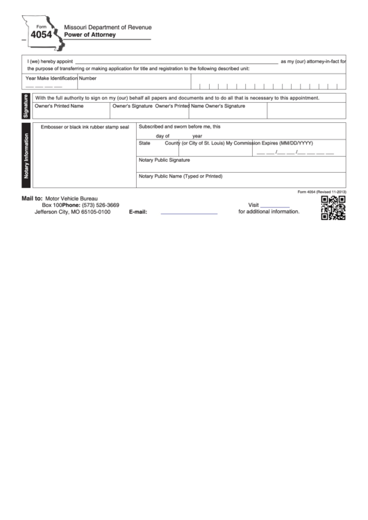 Fillable Form 4054 - Power Of Attorney - Missouri Department Of Revenue Printable pdf