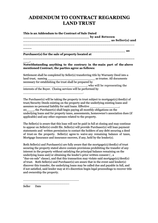 Addendum To Contract Regarding Land Trust Printable pdf