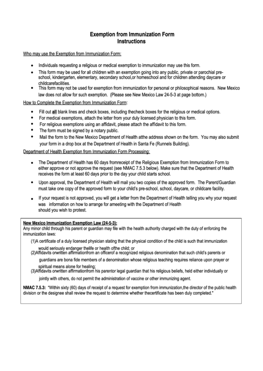 Certificate Of Exemption From School/daycare Immunization Requirements Template Printable pdf