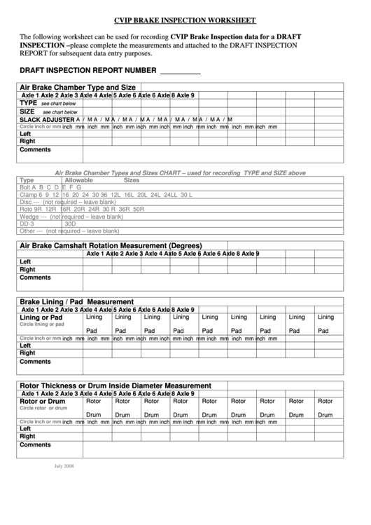 Cvip Brake Inspection Worksheet - Cvse Printable pdf