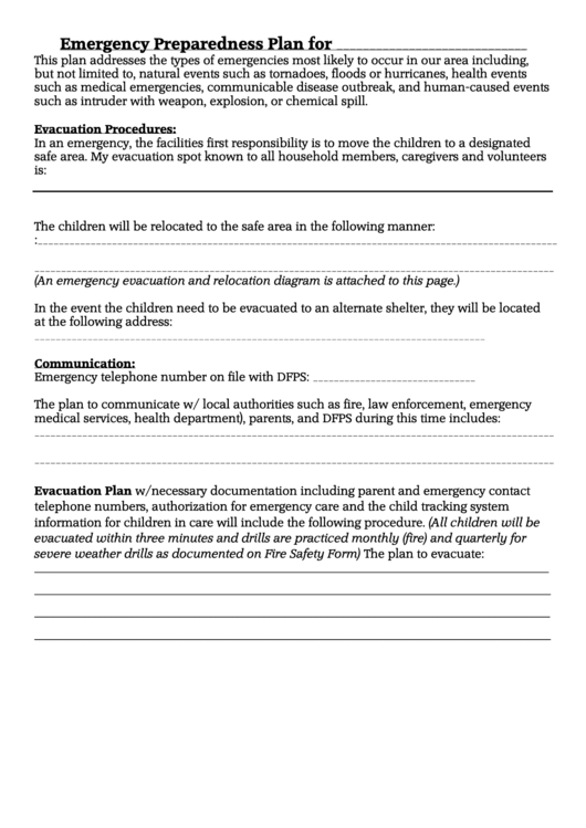 Emergency Preparedness Plan Printable pdf