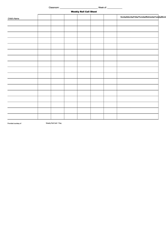 Weekly Classroom Roll Call Spreadsheet Printable pdf