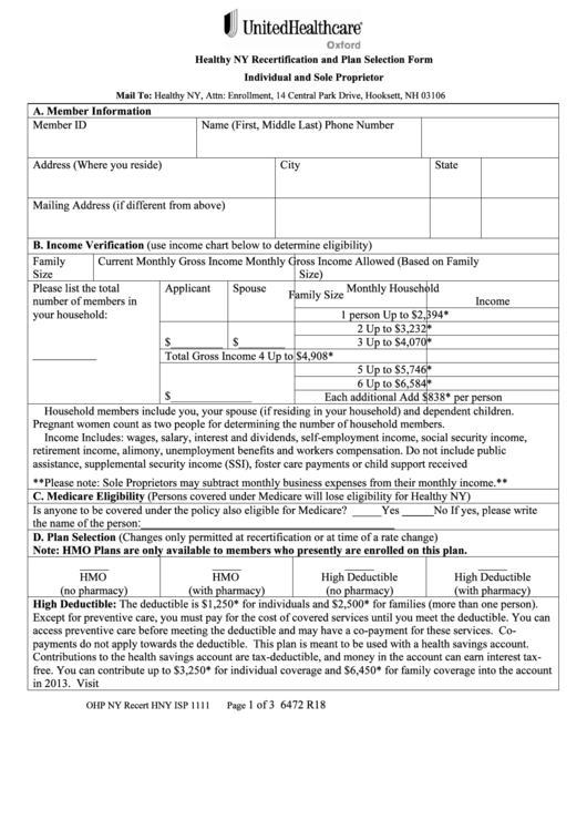 Healthy Ny Recertification And Plan Selection Form - Oxford Health Plans Printable pdf