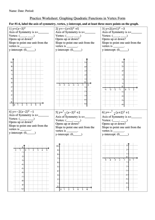 Practice Worksheet Graphing Quadratic Functions In Vertex Form Printable pdf