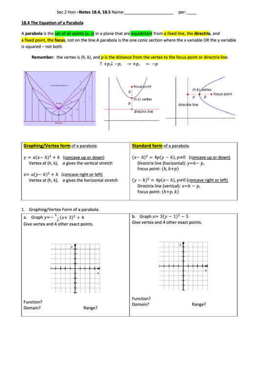 Graphing Vertex Form Of A Parabola Printable pdf