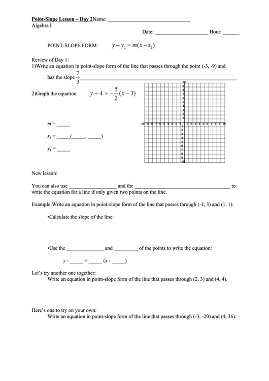 Point-Slope Worksheet Printable pdf