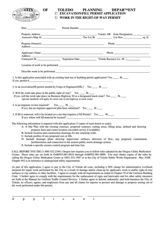 Fillable Excavation-Fill/ Work In R-W Permit Application Form Printable pdf