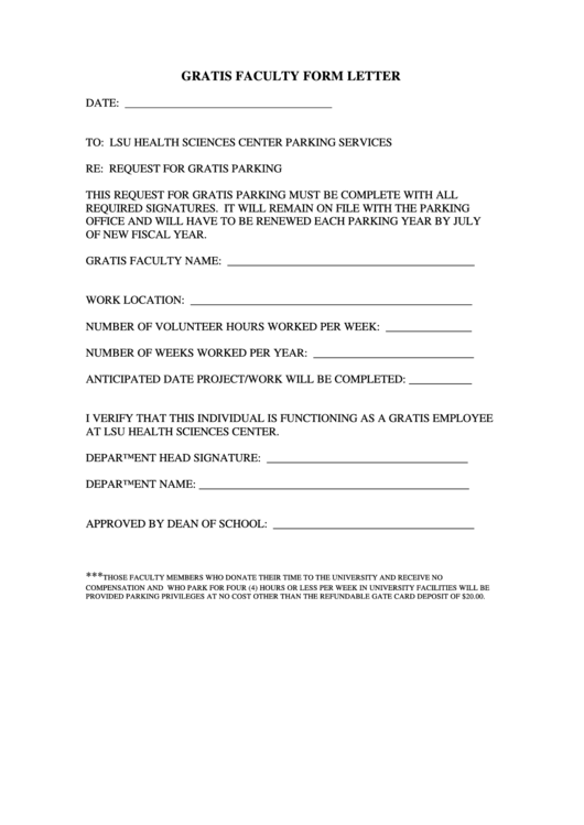 Gratis Faculty Form Letter - Lsu Health New Orleans Printable pdf