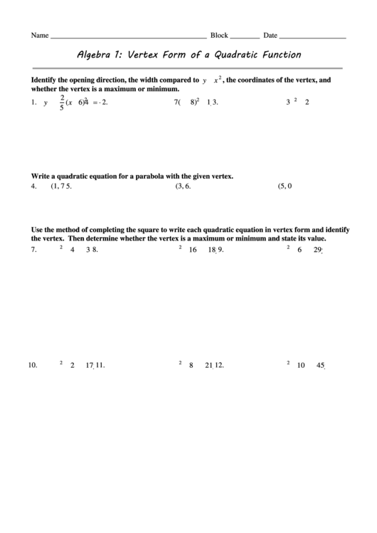 Vertex Form Of A Quadratic Function Printable pdf