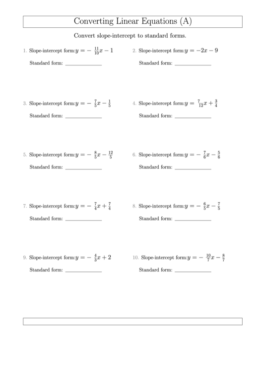 Converting Linear Equations Printable pdf