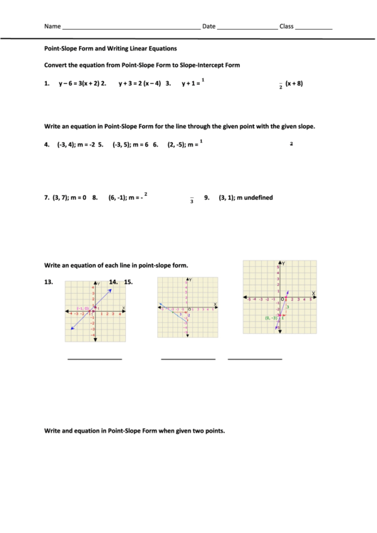 Point Slope Form And Writing Linear Equations Printable pdf