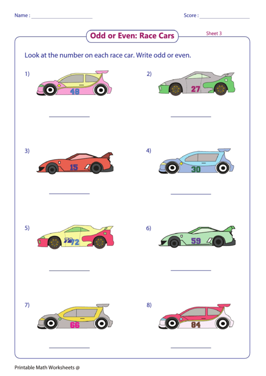 Odd Or Even Race Cars Worksheet Printable pdf