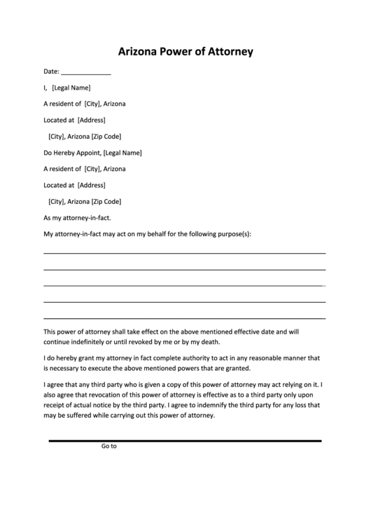 Power Of Attorney Form - Arizona Printable pdf