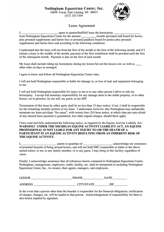 lease agreement horses printable pdf download