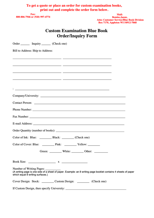 Custom Order Form Bemiss Jason Printable pdf