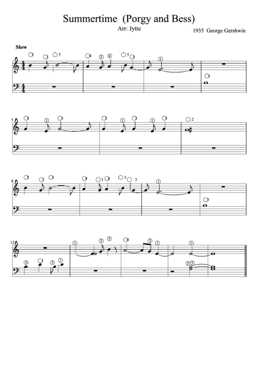 Summertime (Porgy And Bess) Arr: Jytte Piano Sheet Music Printable pdf