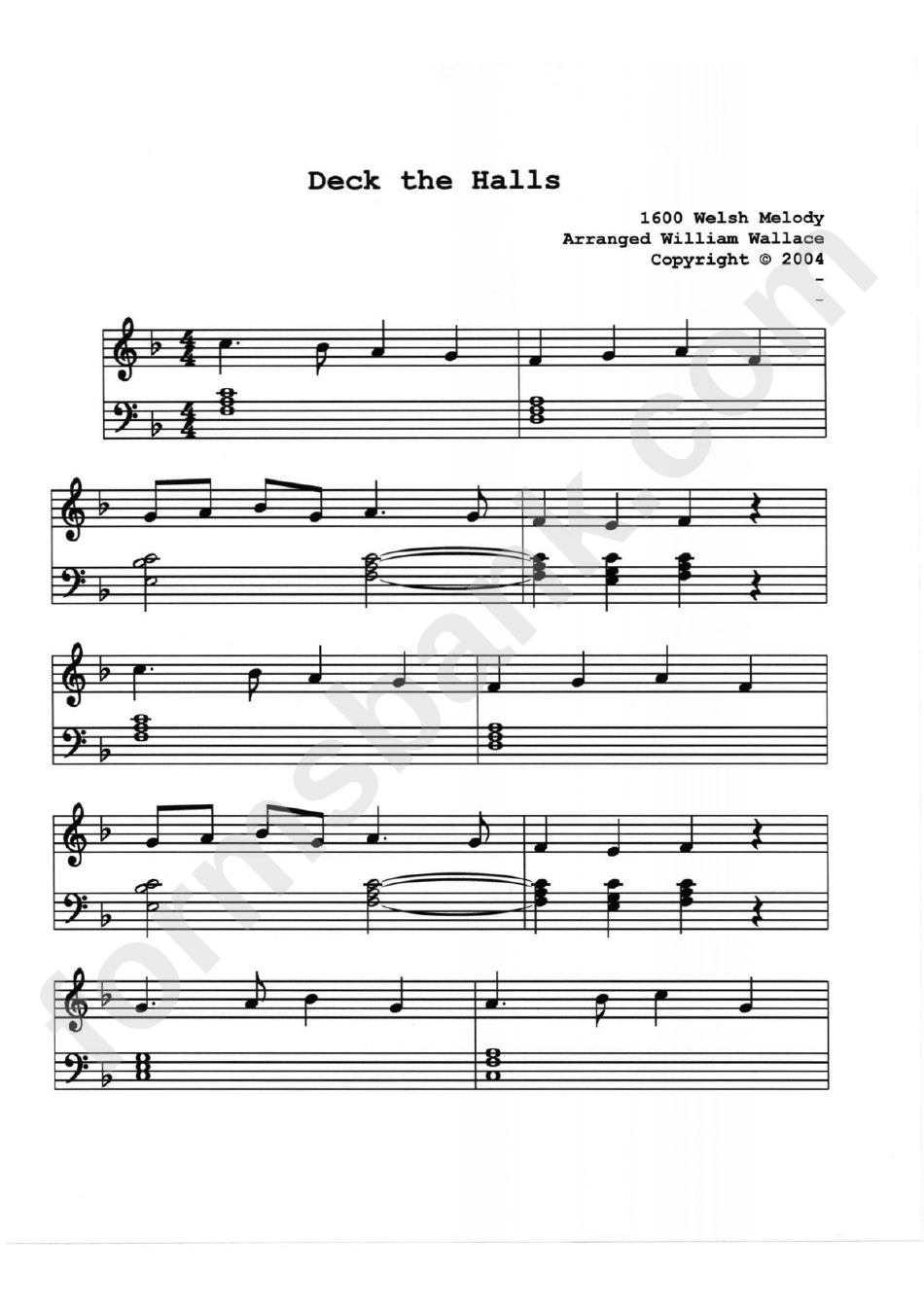 Deck The Halls (William Wallace) Piano Sheet Music