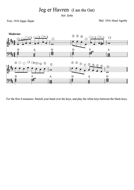 Jeg Er Havren (I Am The Oat) Arr: Jytte Piano Sheet Music Printable pdf
