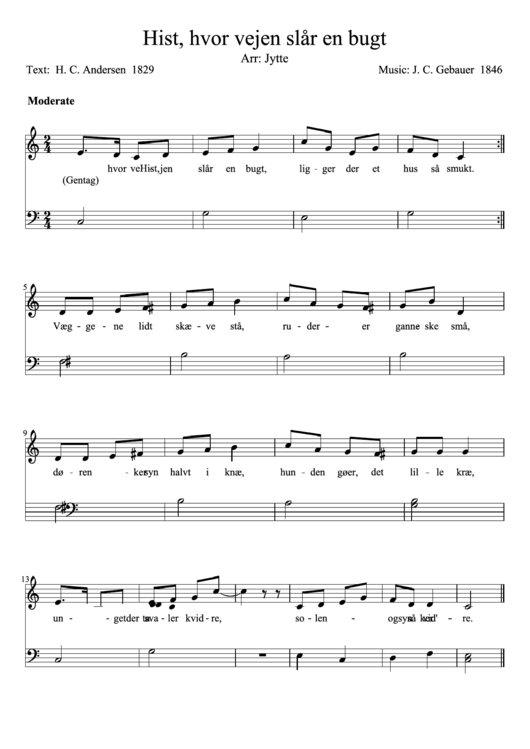 Hist, Hvor Vejen Slar En Bugt Arr: Jytte Piano Sheet Music Printable pdf