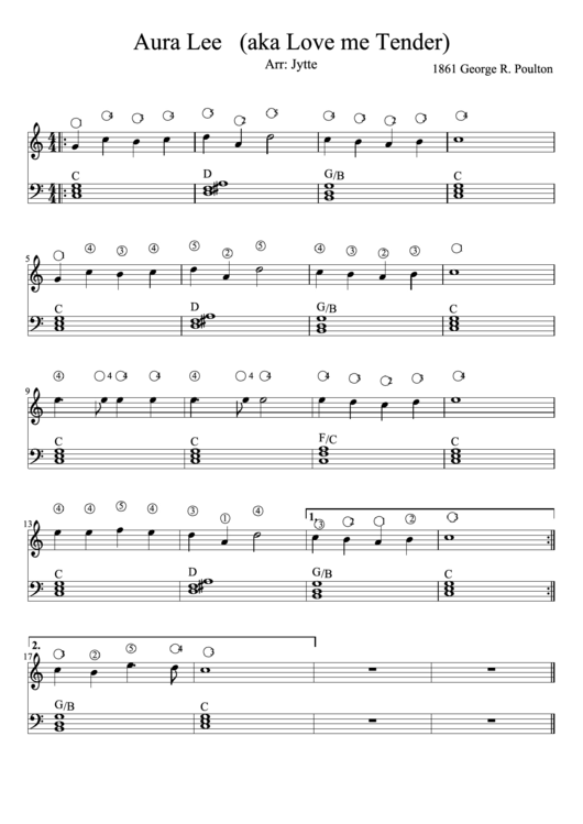 Aura Lee (Aka Love Me Tender) Arr: Jytte Piano Sheet Music Printable pdf