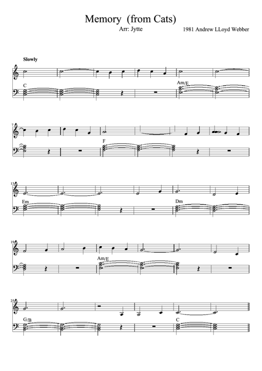 Memory (From Cats) Arr: Jytte Piano Sheet Music Printable pdf