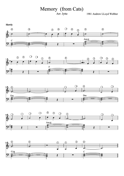 Memory (From Cats) Arr: Jytte Piano Sheet Music Printable pdf