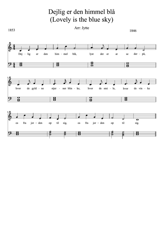 Dejlig Er Den Himmel Bla (Lovely Is The Blue Sky) Arr: Jytte Piano Sheet Music Printable pdf