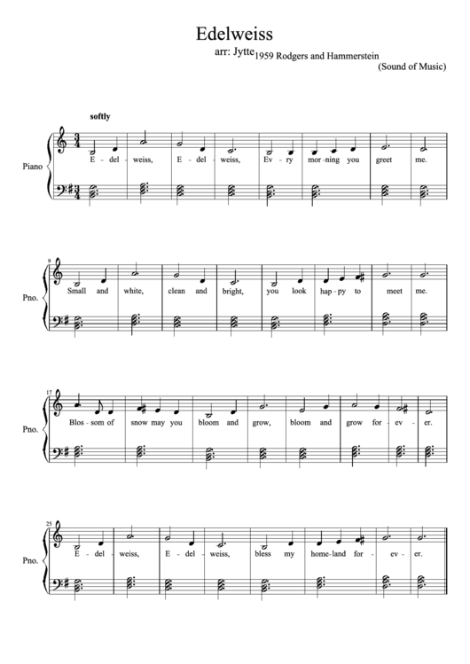 Edelweiss Arr: Jytte Piano Sheet Music Printable pdf