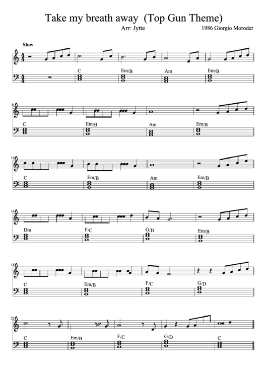 Take My Breath Away (Top Gun Theme) Arr: Jytte Piano Sheet Music Printable pdf
