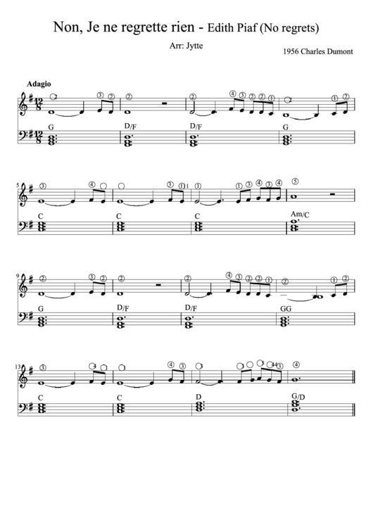 Non, Je Ne Regrette Rien - Edith Piaf (No Regrets) Piano Sheet Music Printable pdf