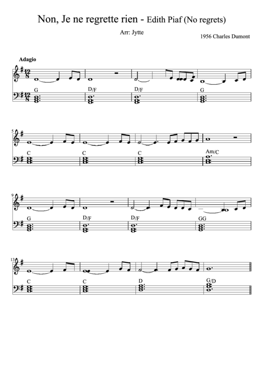 Non, Je Ne Regrette Rien - Edith Piaf (No Regrets) Piano Sheet Music Printable pdf