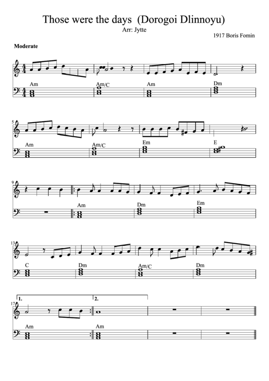 Those Were The Days (Dorogoi Dlinnoyu) Piano Sheet Music Printable pdf