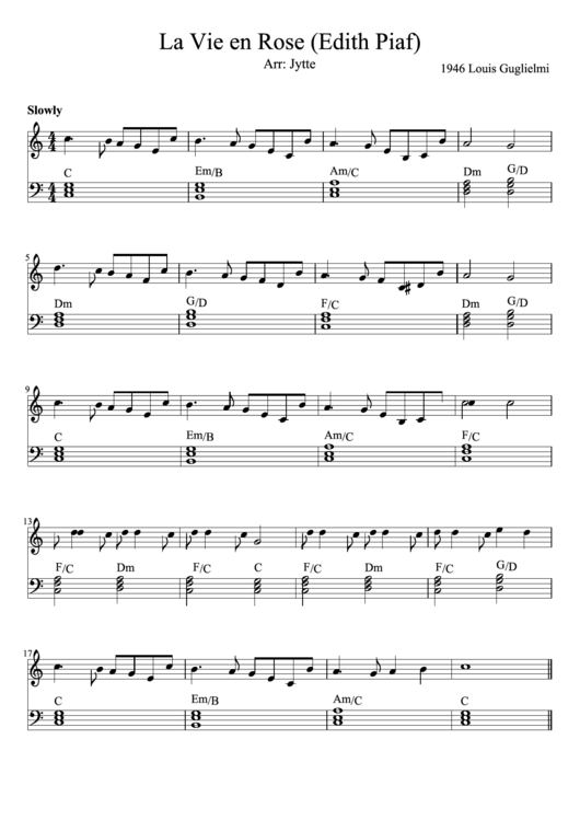 La Vie En Rose (Edith Piaf) Piano Sheet Music Printable pdf