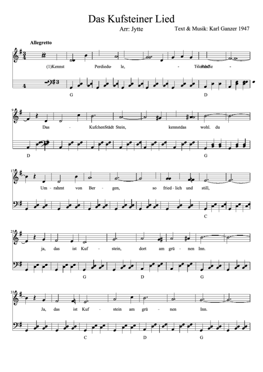 Das Kufsteiner Lied Piano Sheet Music Printable pdf