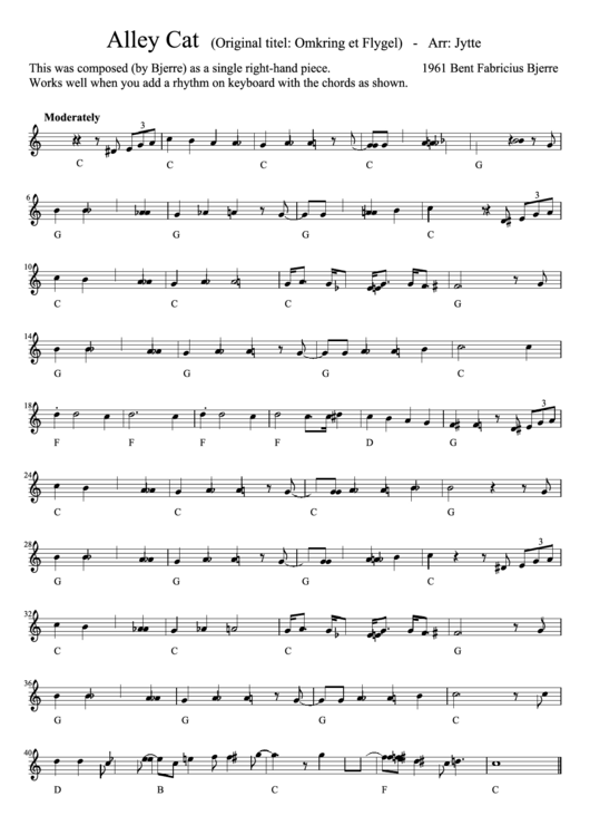 Alley Cat (Original Titel: Omkring Et Flygel) - Arr: Jytte Piano Sheet Music Printable pdf