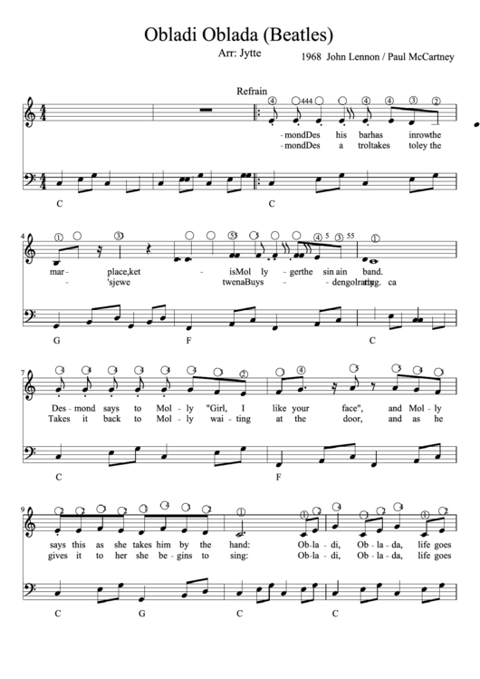 Obladi Oblada Piano Sheet Music Printable pdf